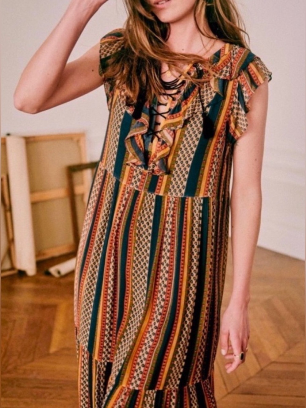 Sezane Dolores Lace Up Sleeveless Ruffle Maxi Dress in Maya Stripe Size 8 - Picture 3 of 10